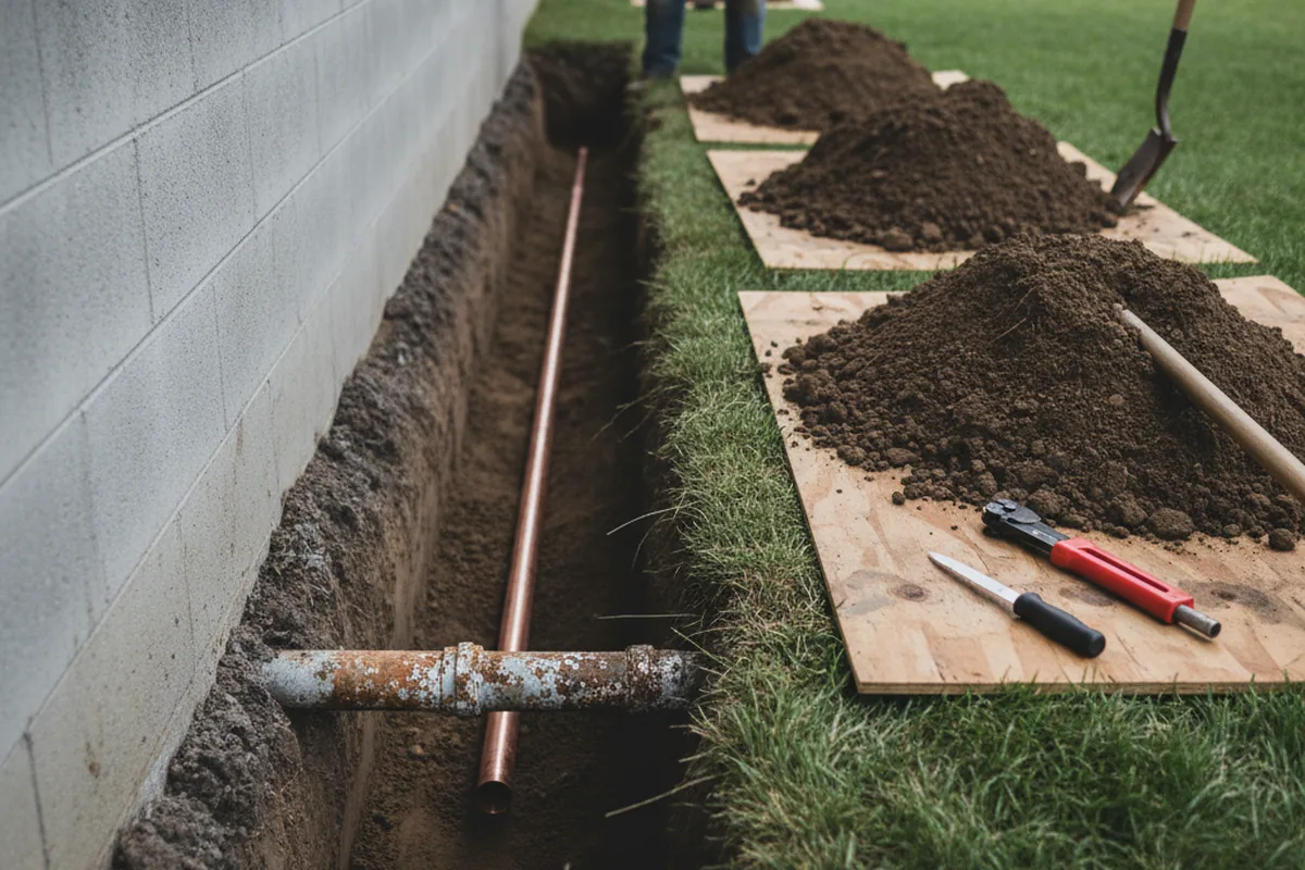 Excavated water line trench during Sewer Line Repair in San Luis Obispo